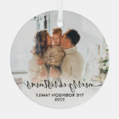 白黒エレガントファミリー写真メリークリスマスメリークリスマス ガラスオーナメント (裏面)