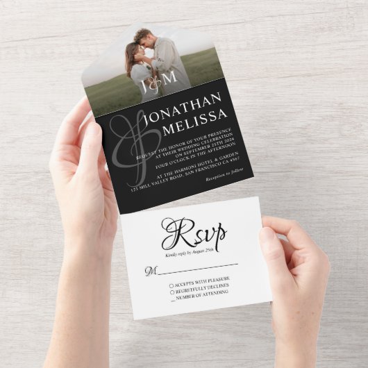 白黒エレガントフォトモノグラム結婚ズ オールインワン招待状 (貼ってはがせる)