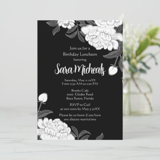 白黒エレガントフラワーランチョン招待状 招待状 (スタンド正面)
