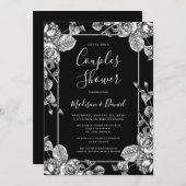 白黒エレガントフローラカップルのシャワー 招待状 (正面/裏面)