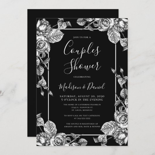 白黒エレガントフローラカップルのシャワー 招待状 (正面/裏面)