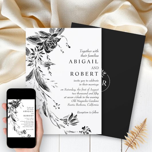 白黒エレガントフローラガラ結婚ンド 招待状