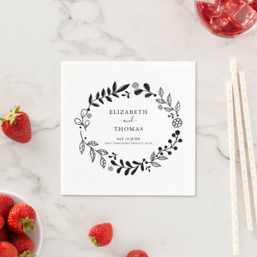 白黒エレガントフローラガーランド結婚ズ スタンダードカクテルナプキン (インサイチュ)