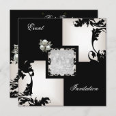 白黒エレガントフローラチェックパールジュエル 招待状 (正面/裏面)