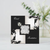 白黒エレガントフローラチェックパールジュエル 招待状 (スタンド正面)