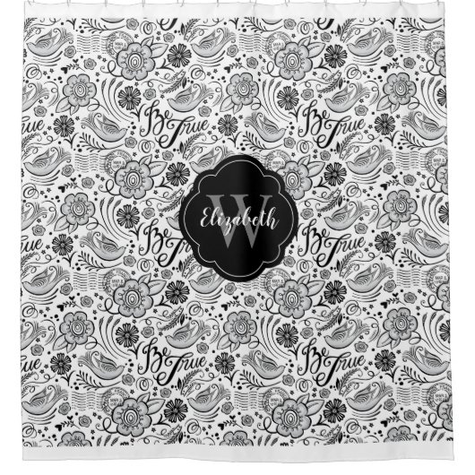 白黒エレガントフローラモノグラムシャワーカーテン シャワーカーテン (正面)