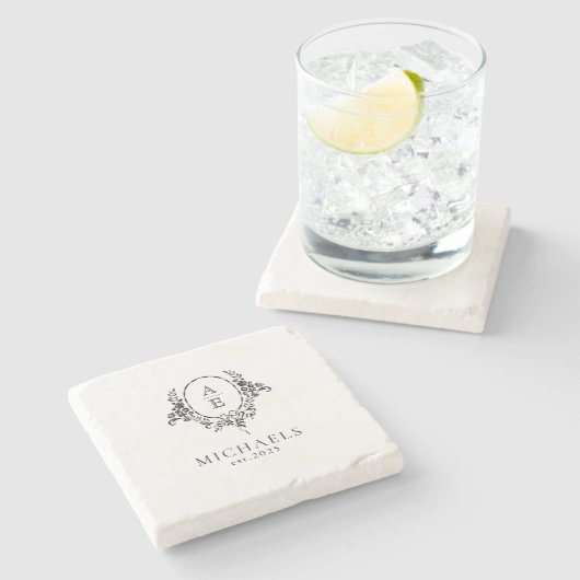 白黒エレガントフローラモノグラム結婚ズ ストーンコースター (横)