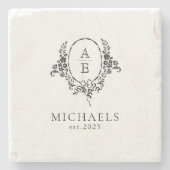 白黒エレガントフローラモノグラム結婚ズ ストーンコースター (正面)