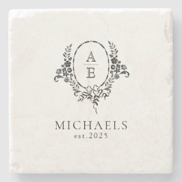 白黒エレガントフローラモノグラム結婚ズ ストーンコースター