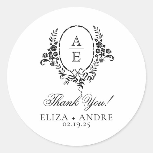 白黒エレガントフローラモノグラム結婚ズ ラウンドシール (正面)