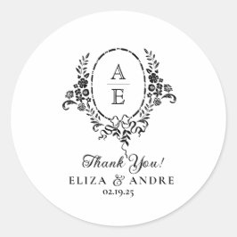 白黒エレガントフローラモノグラム結婚ズ ラウンドシール