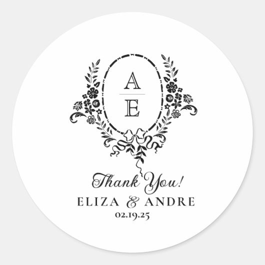 白黒エレガントフローラモノグラム結婚ズ ラウンドシール (正面)