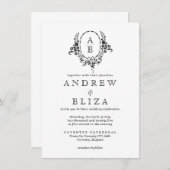 白黒エレガントフローラモノグラム結婚ズ 招待状 (正面/裏面)