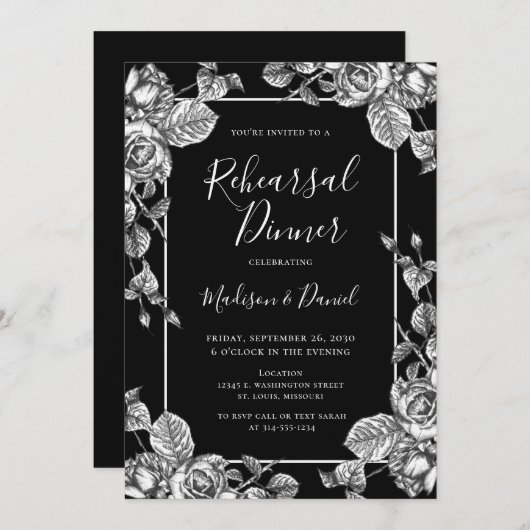 白黒エレガントフローラリハーサルディナー 招待状 (正面/裏面)