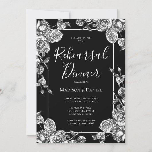 白黒エレガントフローラリハーサルディナー 招待状 (正面)