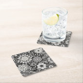 白黒エレガントフローラレースパターン スクエアペーパーコースター (インサイチュ)
