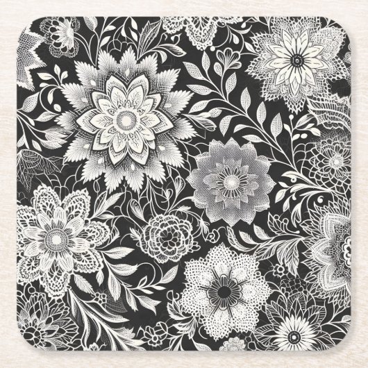 白黒エレガントフローラレースパターン スクエアペーパーコースター (正面)