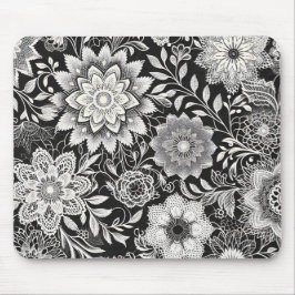 白黒エレガントフローラレースパターン マウスパッド