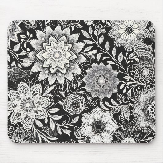 白黒エレガントフローラレースパターン マウスパッド (正面)