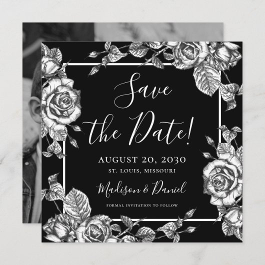白黒エレガントフローラ写真の保存日付 招待状 (正面/裏面)