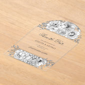 白黒エレガントフローラ日付の保存 アクリル招待状 (レイダウン)