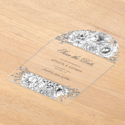 白黒エレガントフローラ日付の保存 アクリル招待状 (レイダウン)