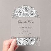 白黒エレガントフローラ日付の保存 アクリル招待状 (インサイチュ (ポータブル))