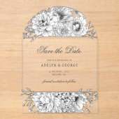 白黒エレガントフローラ日付の保存 アクリル招待状 (正面)