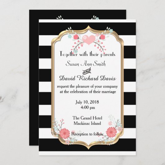 白黒エレガントフローラ結婚式招待状 招待状 (正面/裏面)