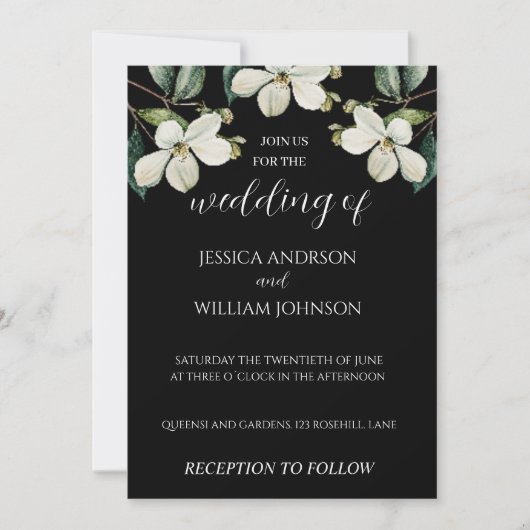 白黒エレガントフローラ結婚式招待状 招待状 (正面)