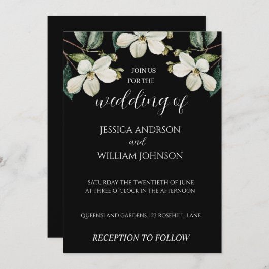 白黒エレガントフローラ結婚式招待状 招待状 (正面/裏面)