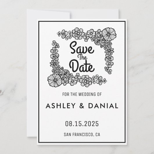 白黒エレガントフローラ結婚式日付の保存 招待状 (正面)