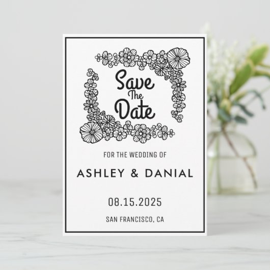 白黒エレガントフローラ結婚式日付の保存 招待状 (スタンド正面)