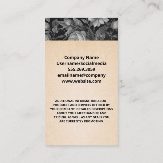 白黒エレガントフローラ背景 名刺 (裏面)