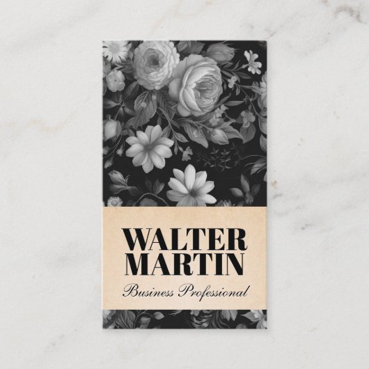 白黒エレガントフローラ背景 名刺 (正面)