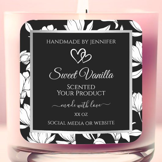 白黒エレガントフローラ製品ラベル スクエアシール