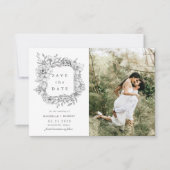 白黒エレガントフローラ2枚の写真の保存日付 招待状 (正面)