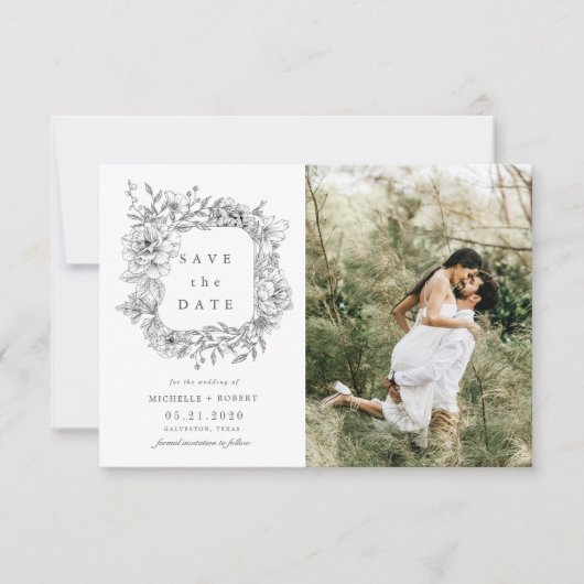 白黒エレガントフローラ2枚の写真の保存日付 招待状 (正面)