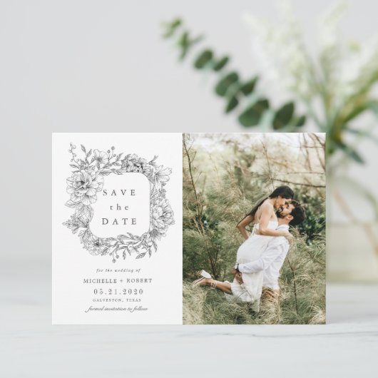 白黒エレガントフローラ2枚の写真の保存日付 招待状 (スタンド正面)