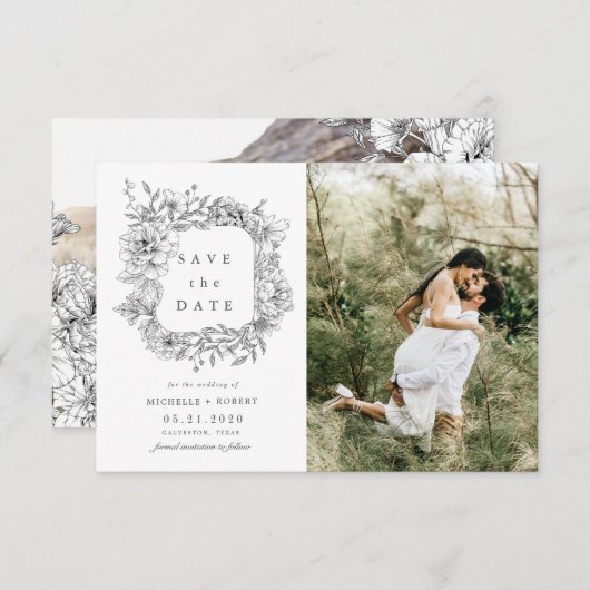 白黒エレガントフローラ2枚の写真の保存日付 招待状 (正面/裏面)