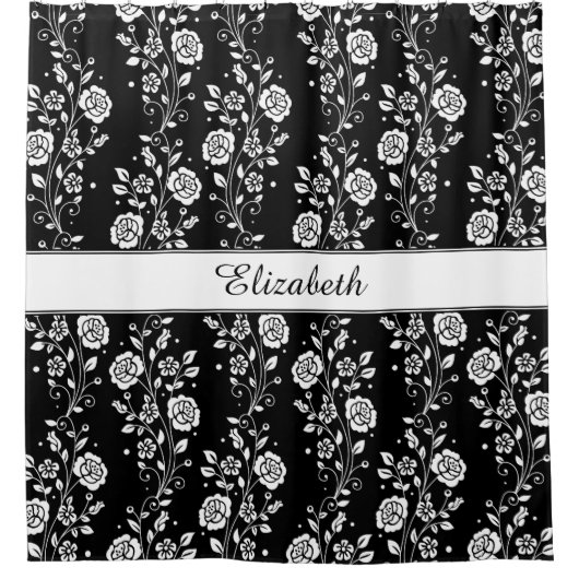 白黒エレガントフローラ シャワーカーテン (正面)