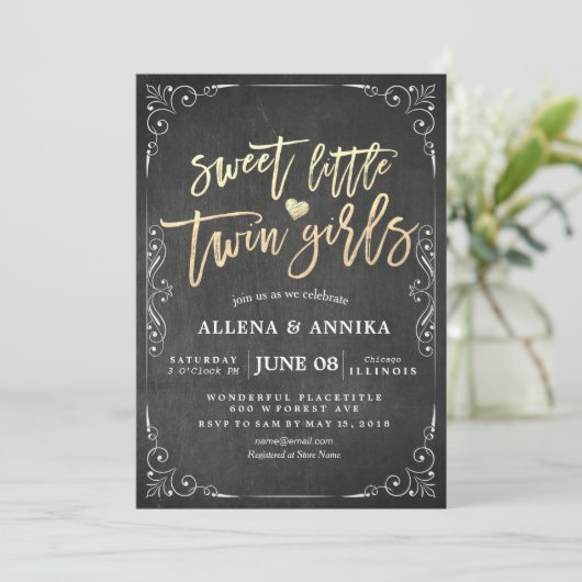 白黒エレガントベイビーシャワースウィートリトルツイン 招待状 (スタンド正面)