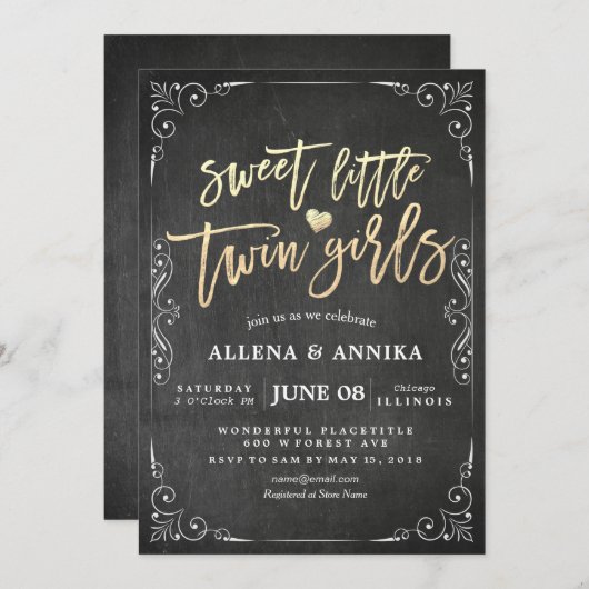 白黒エレガントベイビーシャワースウィートリトルツイン 招待状 (正面/裏面)