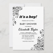 白黒エレガントボホフローラベビーシャワー 招待状 (正面)