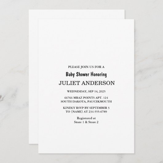 白黒エレガントミニマリスト赤ちゃんシャワー 招待状 (正面/裏面)