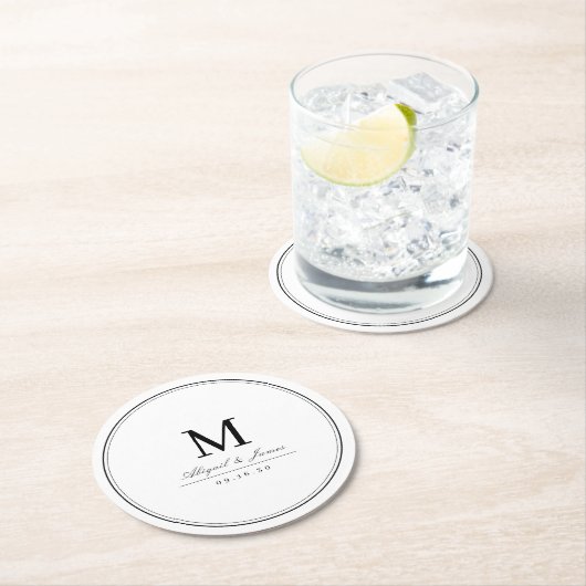 白黒エレガントミニマリスト・モノグラム ラウンドペーパーコースター (インサイチュ)