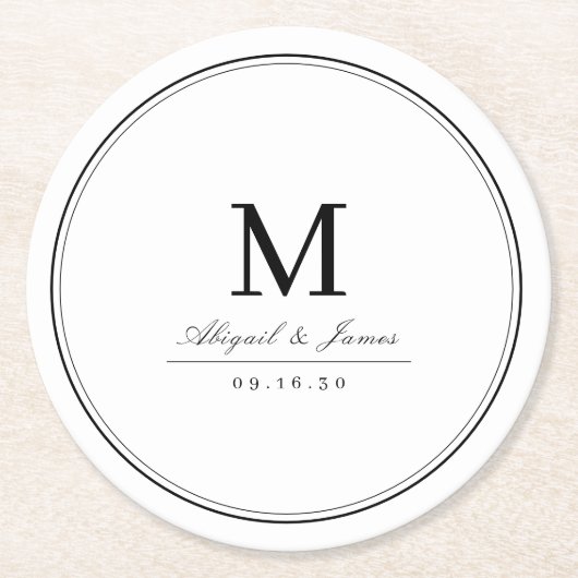 白黒エレガントミニマリスト・モノグラム ラウンドペーパーコースター (正面)