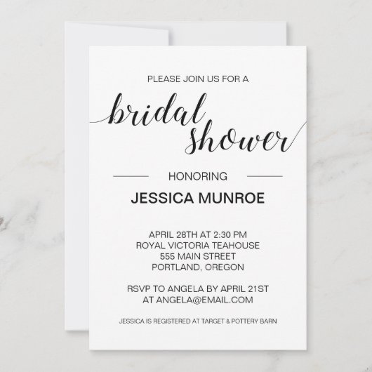 白黒エレガントミニマルブライダルシャワー 招待状 (正面)