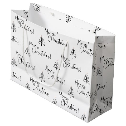 白黒エレガントメリークリスマスツリーパターン ラージペーパーバッグ (正面アングル)