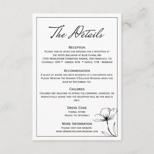 白黒エレガントモダンな結婚式詳細 エンクロージャーカード (正面)